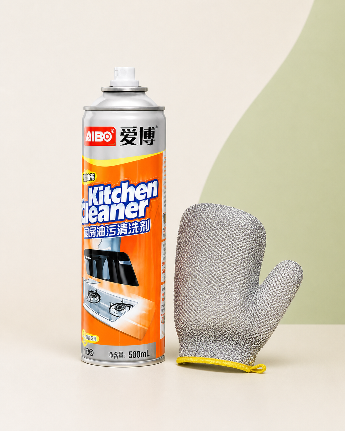 Kitchen cleaner can and silver wire glove together in the cleaning kit