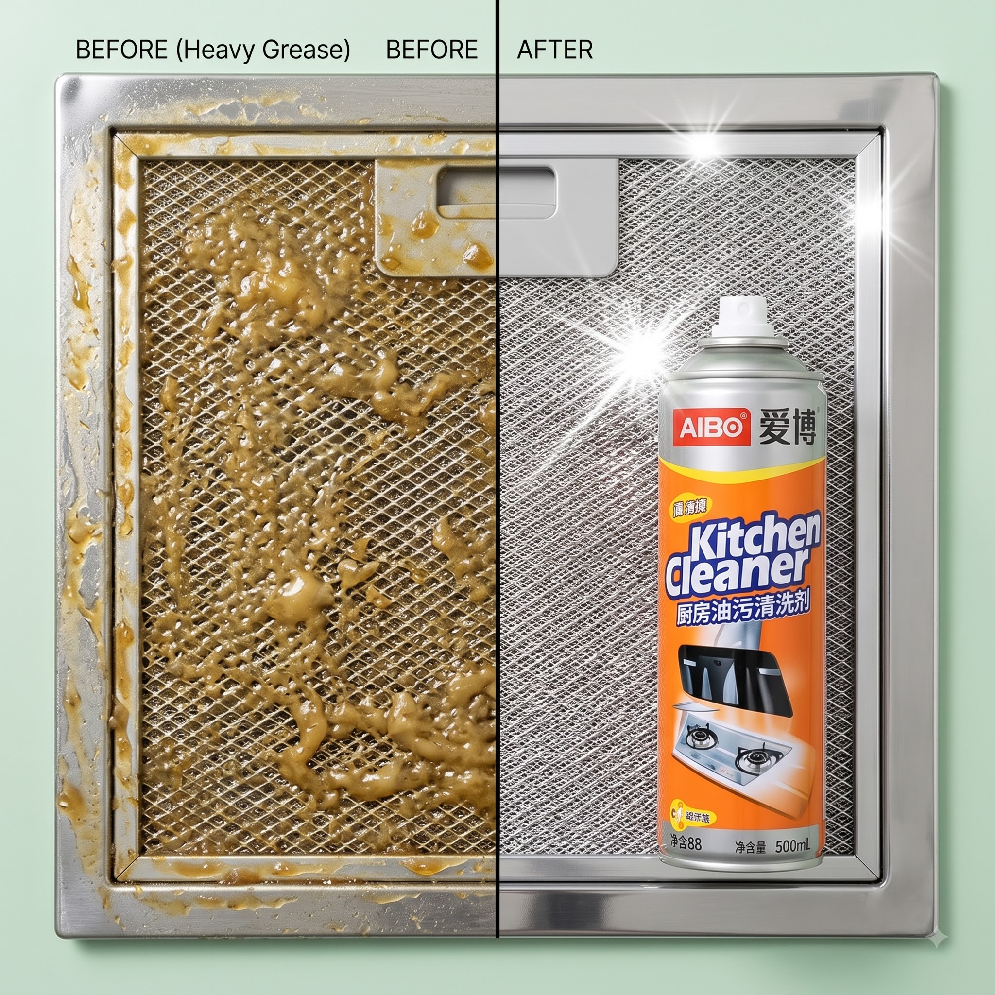 Before and after view of a greasy kitchen chimney filter cleaned with the kitchen cleaner foam