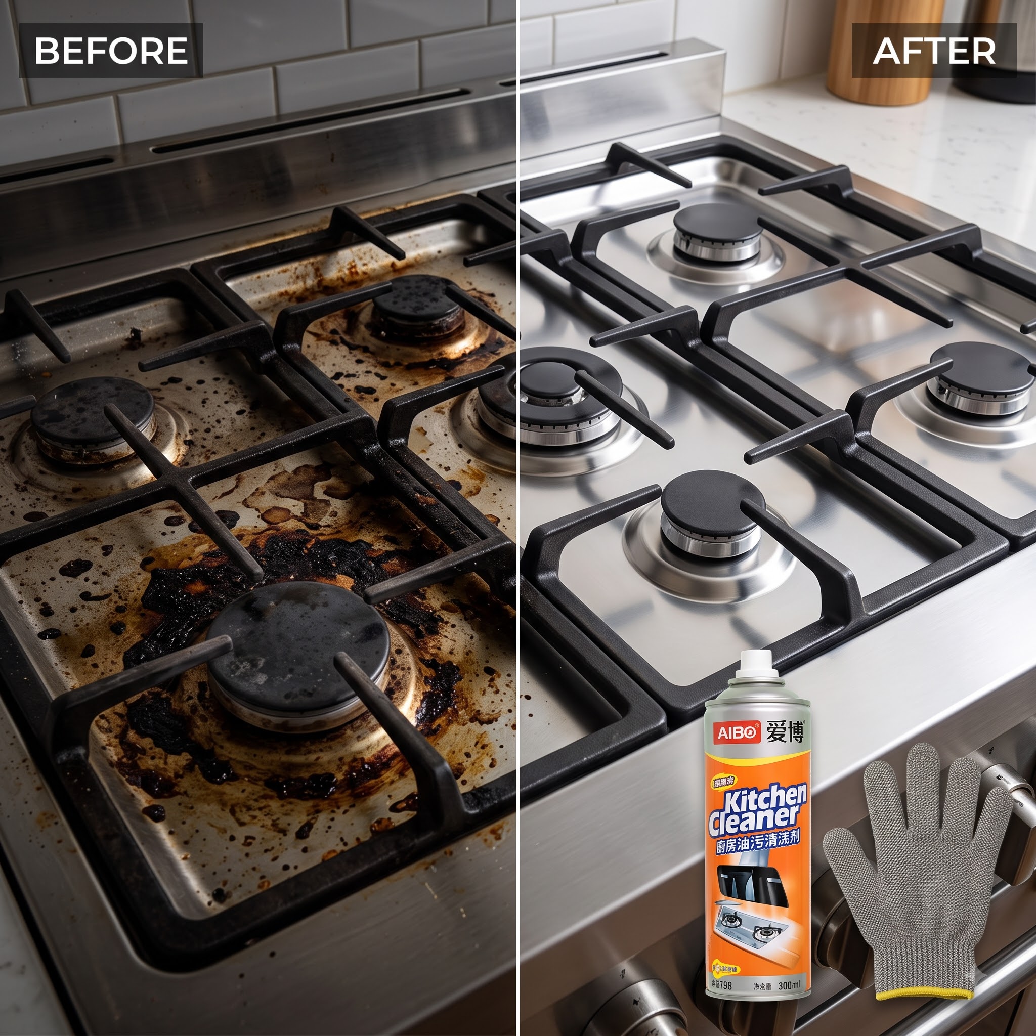 Before and after view of a greasy stainless steel gas stove cleaned with the kitchen cleaner kit