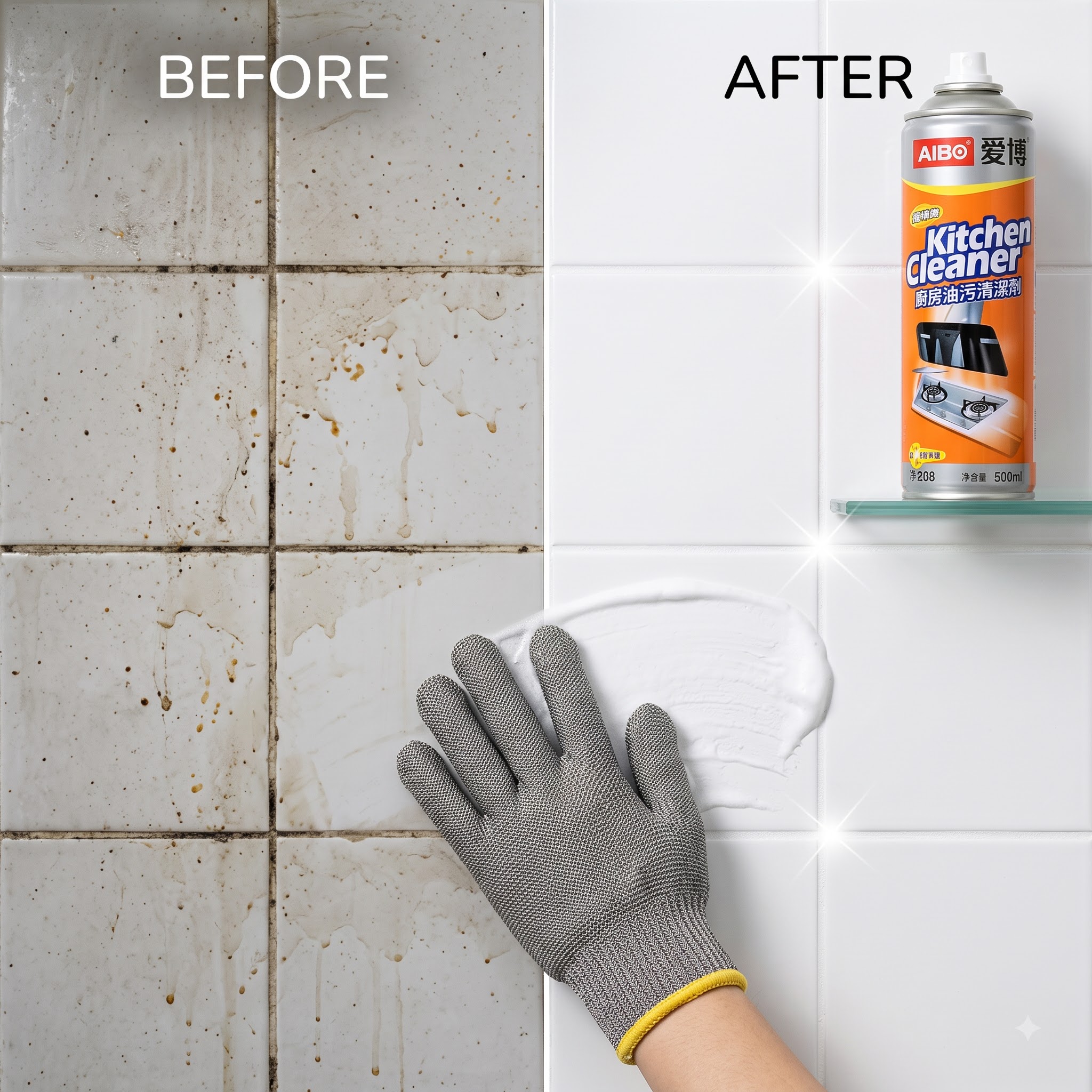 Before and after view of dirty kitchen tiles cleaned using the cleaner foam and silver wire glove